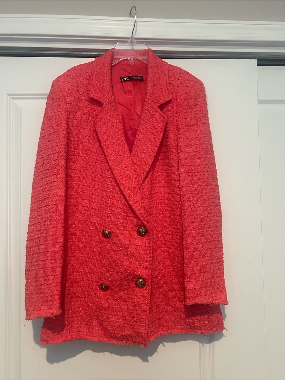 Zara Coral-Pink Double-Breasted Bouclé Blazer